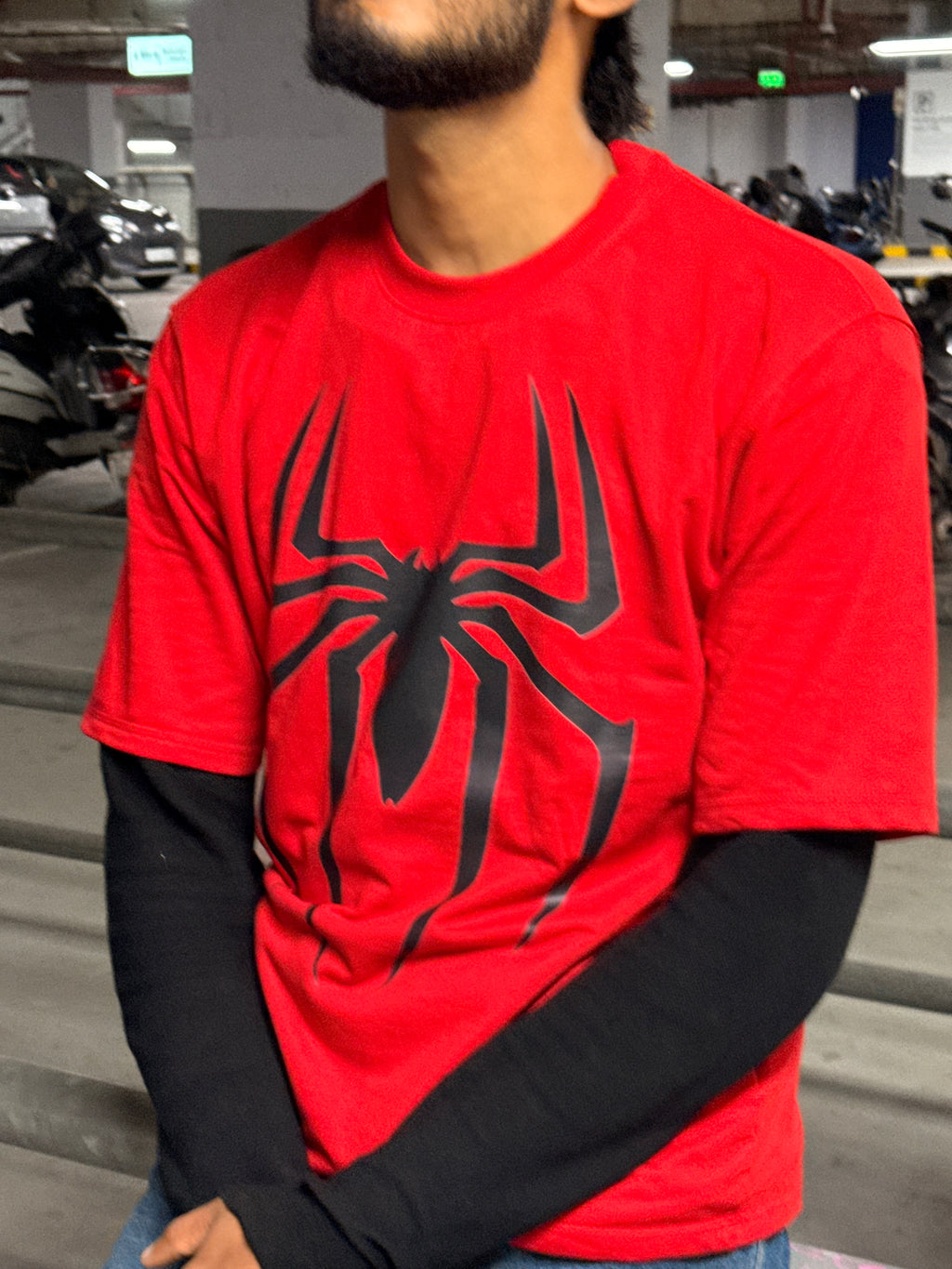 Unisex Spider-Man Oversized T-Shirt – Red French Terry Cotton 240 GSM | Black Spider Graphic Tee